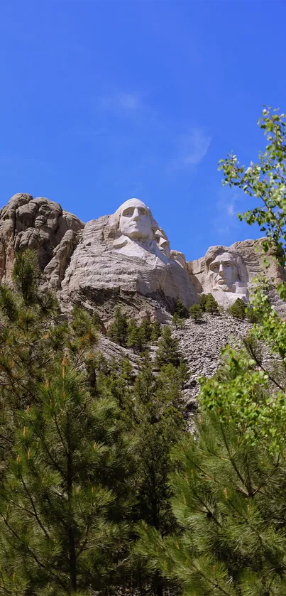 Stone carvings on mountain with blue sky and green trees.