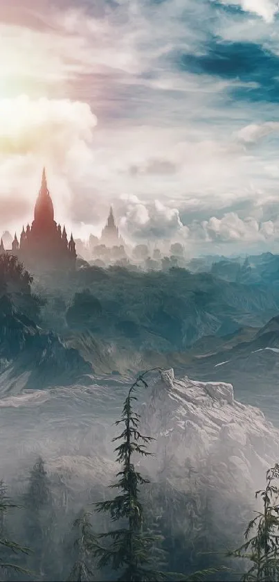 A majestic castle sits atop misty mountains under a vibrant sky.