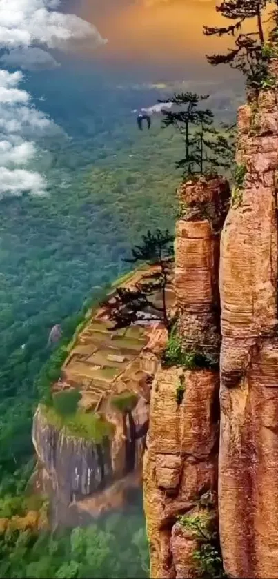 Majestic mountain cliff with lush forest and vibrant skies.