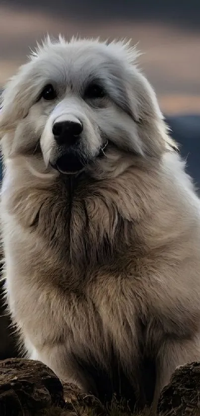 Majestic white dog with mountains in background.