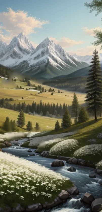Mountain landscape with river and flowers in the foreground.