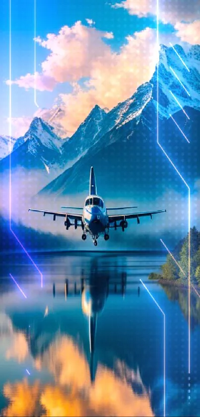 Airplane over a tranquil lake with majestic mountain backdrop and vibrant sky.