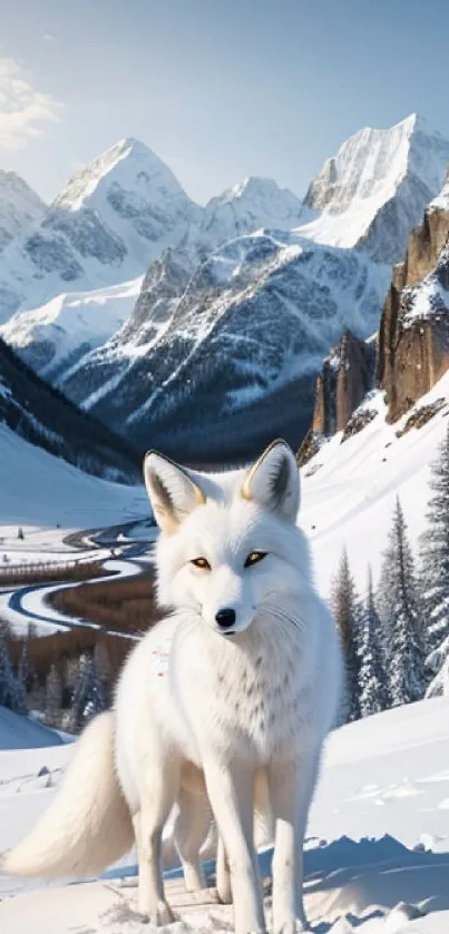 Majestic arctic fox in snowy mountain landscape with blue sky backdrop.