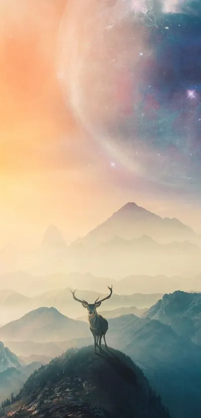 Deer on mountain with galaxy sky and pastel surreal colors.