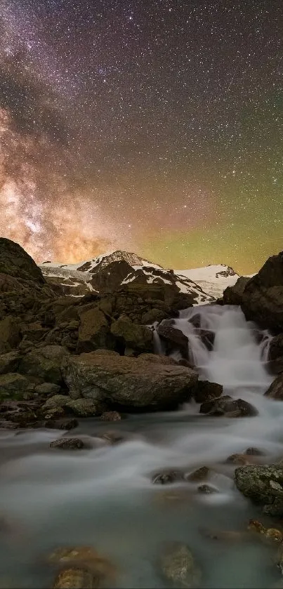 Mountain landscape with Milky Way and waterfall at night.