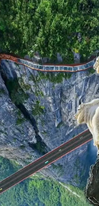 Mountain goats overlooking a scenic bridge and lush landscape.