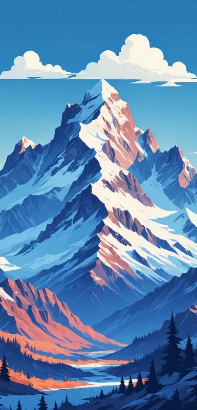 Illustration of a majestic mountain with vibrant colors and snow-capped peaks.