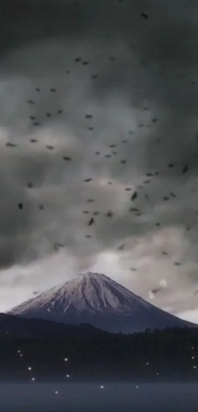 A majestic mountain under a stormy sky with swirling dark clouds and birds.