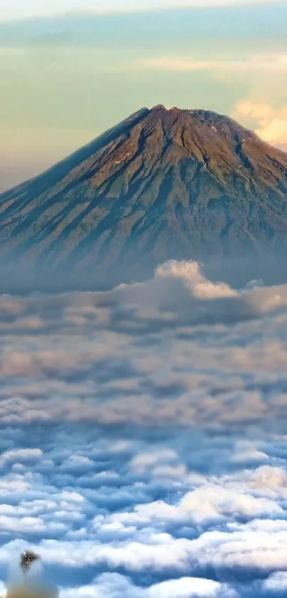 Mountain peak rising above the clouds in a serene mobile wallpaper.