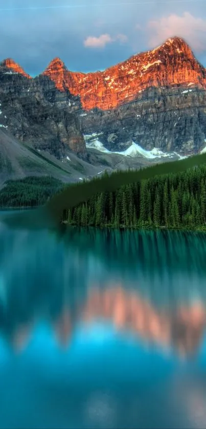 A breathtaking view of a mountain reflecting on a serene lake at sunset.