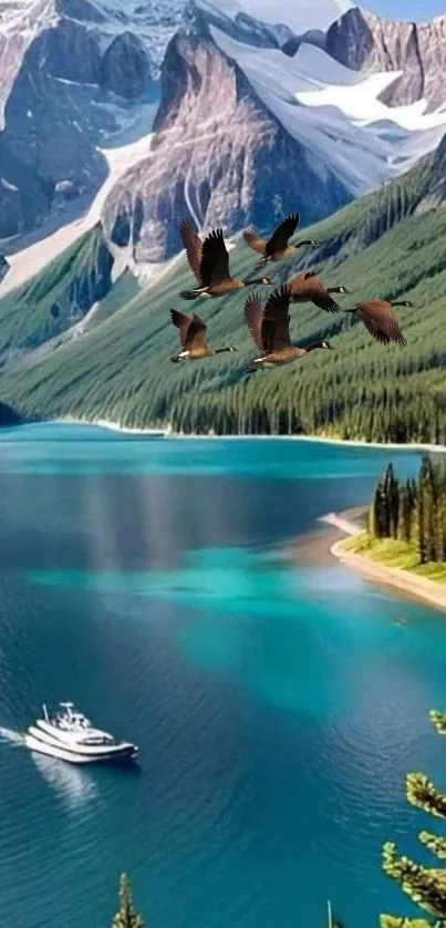 Mountain lake with birds and yacht, surrounded by scenic nature.