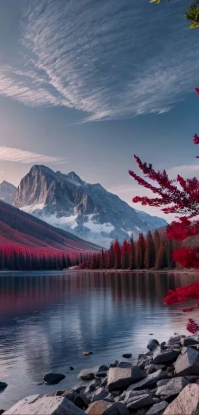 Scenic mountain lake with red foliage