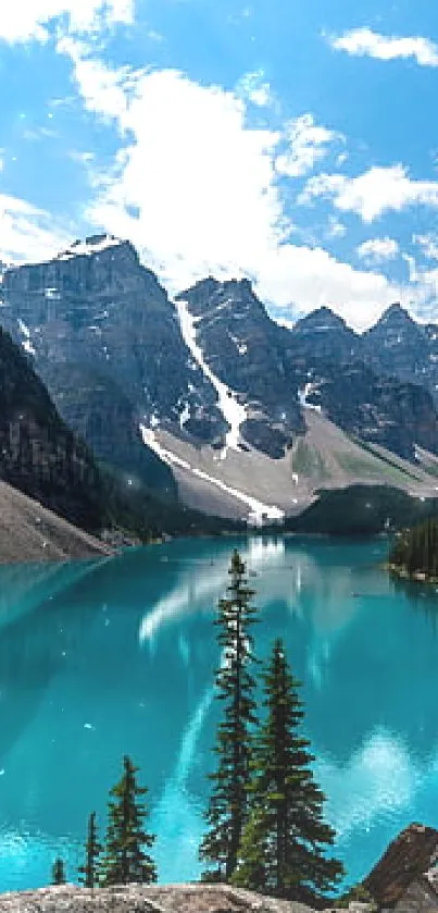 Majestic lake with mountains and clear blue sky in stunning mobile wallpaper.