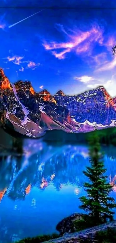 Reflection of mountains in a blue lake.