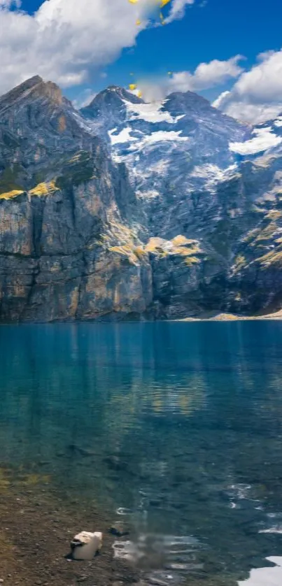 Majestic mountain lake with clear blue skies and tranquil waters.