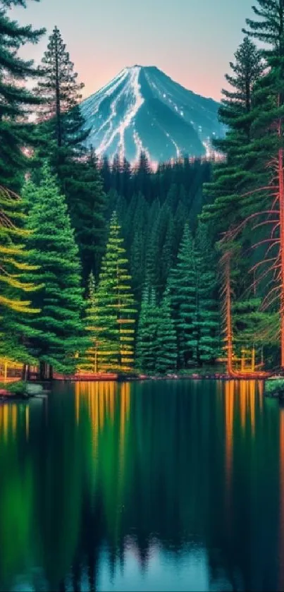 Majestic mountain overlooking a serene lake with vibrant reflections and tall trees.