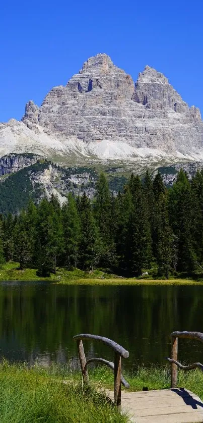 Serene mountain lake with clear skies and lush forest.