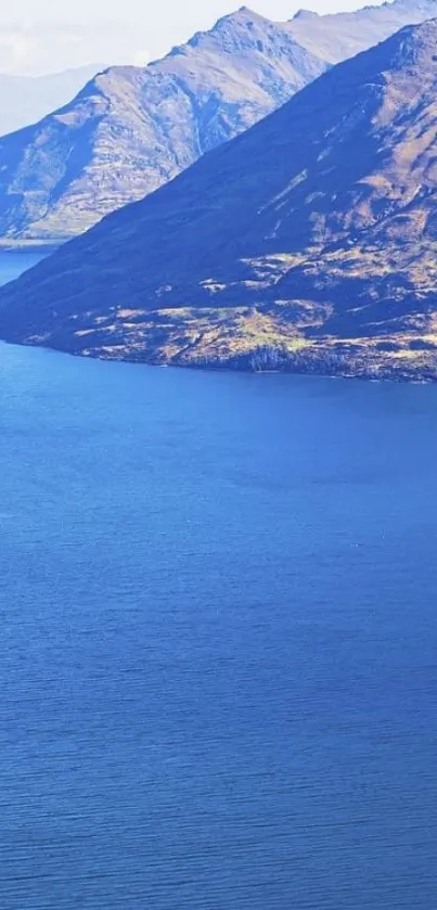 Mountain lake view with blue water.