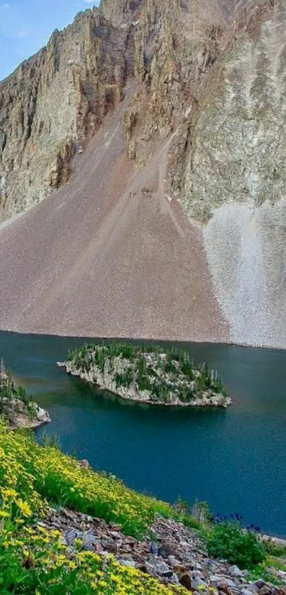 Majestic mountain with blue lake and lush greenery in the foreground.