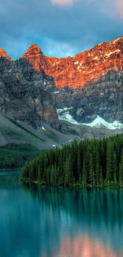 Majestic mountain and lake scene at sunrise.