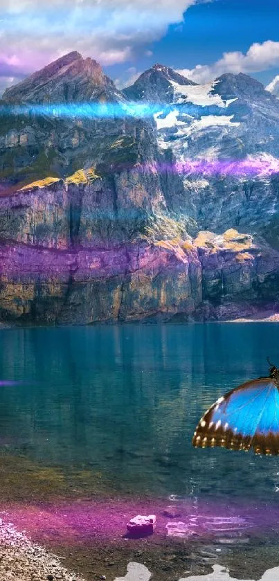 Serene mountain lake scene with vibrant butterfly.