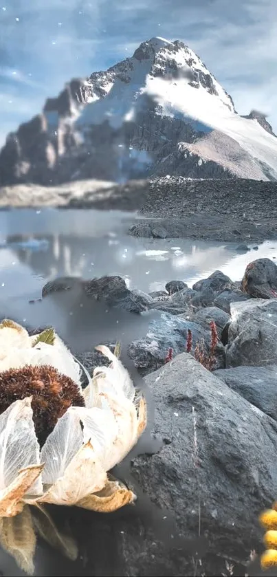 Majestic mountain and lake with flowers and rocks.