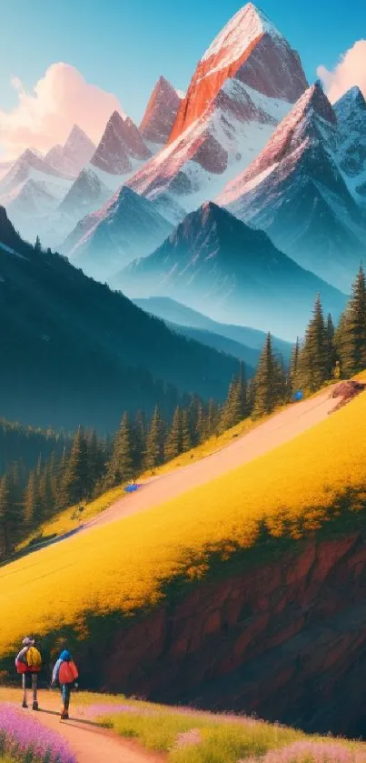 Couple hiking on a scenic mountain trail with majestic snow-capped peaks.