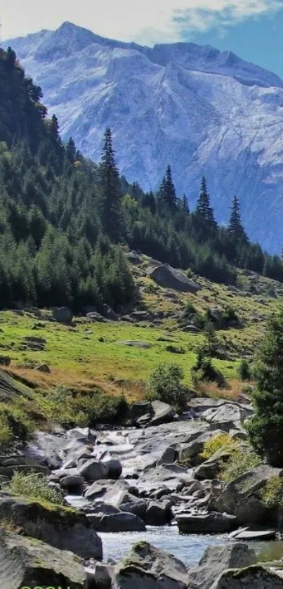 Mountain landscape with river and lush greenery.