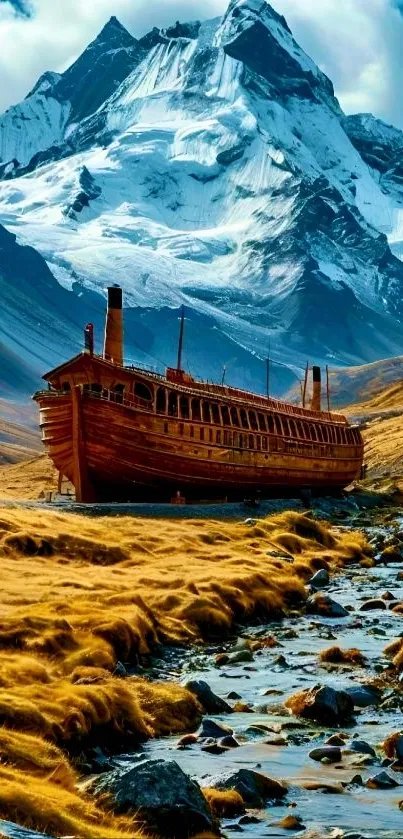 Abandoned ship against snowy mountain backdrop