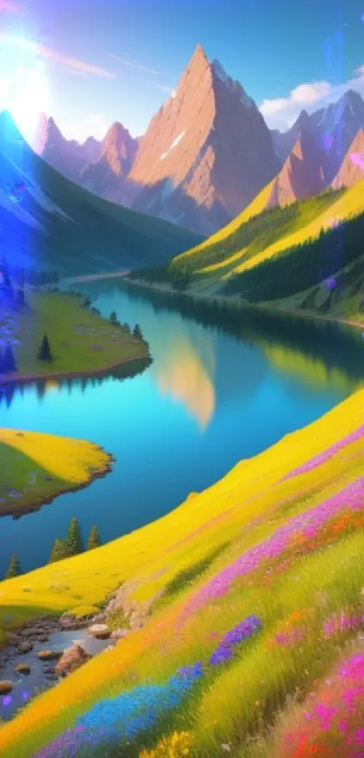 Beautiful mountain landscape with a river and colorful wildflowers.