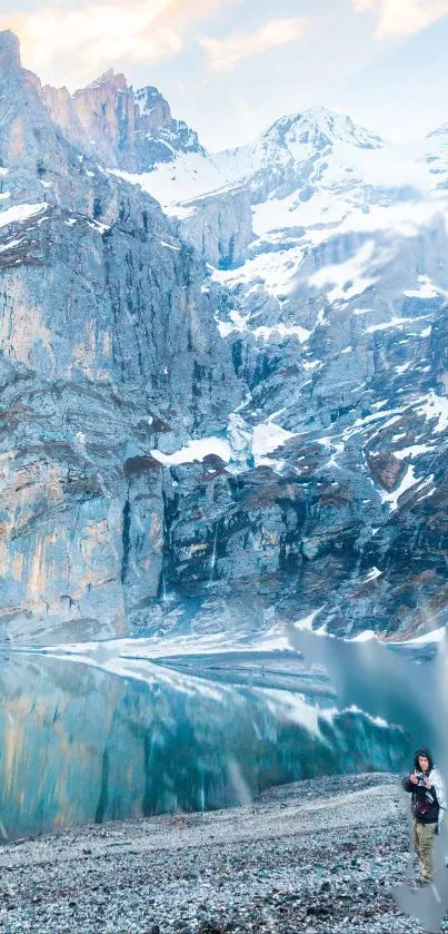 Majestic mountains with snowy peaks and a reflective lake wallpaper.