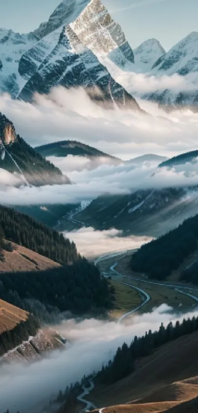 Majestic mountain landscape with clouds and a winding river.