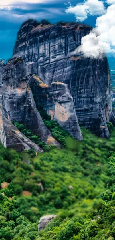 Majestic mountain cliffs with lush green forest.