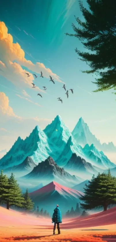 Majestic mountain landscape with vibrant colors and sky.