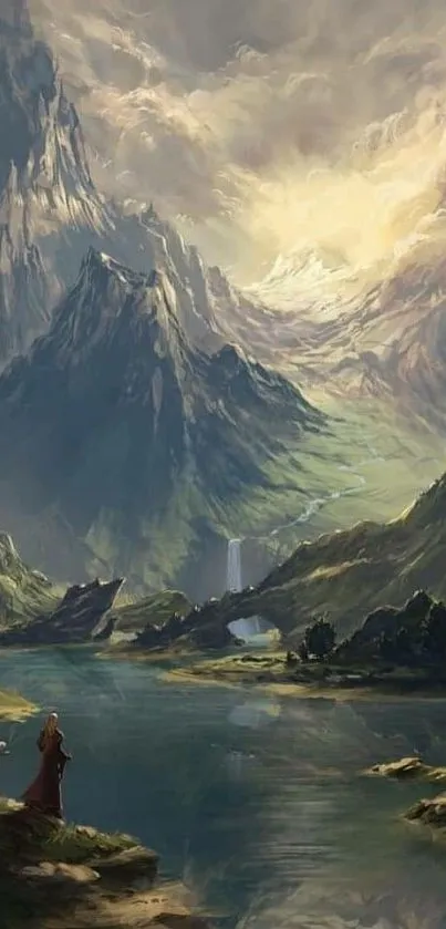 Fantasy mountain landscape with lakes and cliffs, vibrant and serene setting.