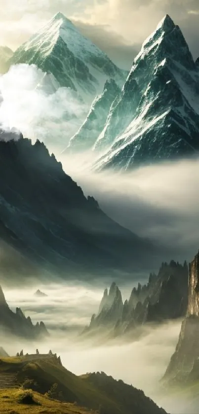 Majestic mountain landscape with misty peaks in a digital artwork.