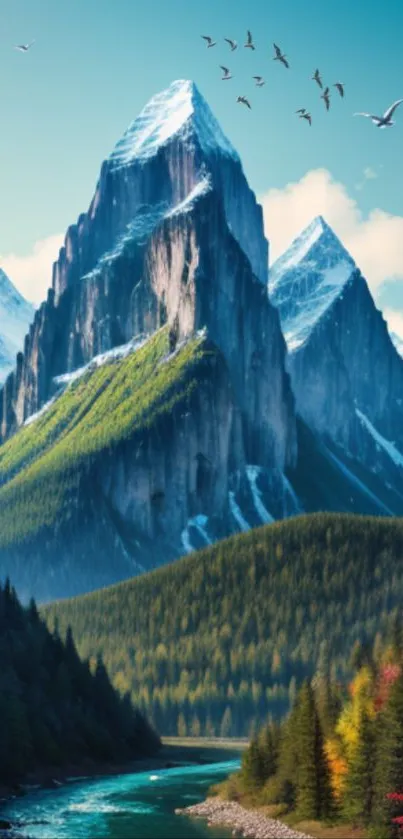 Majestic mountain landscape with snow-capped peaks and a blue river.