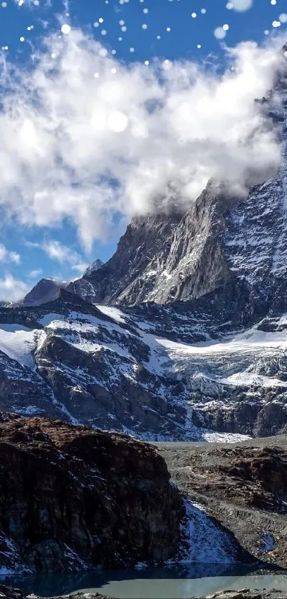 Majestic mountain peak with blue sky.