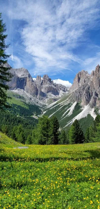 Mountain landscape with green fields, flowers, and blue sky.