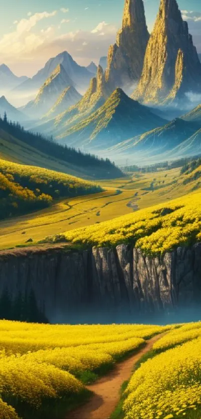 Majestic mountain landscape with yellow fields and towering peaks.