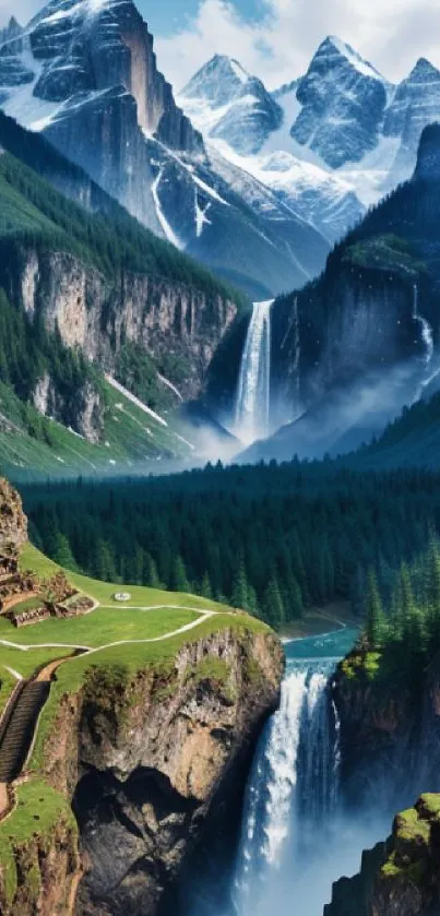 Majestic mountain landscape with waterfalls and lush valleys.
