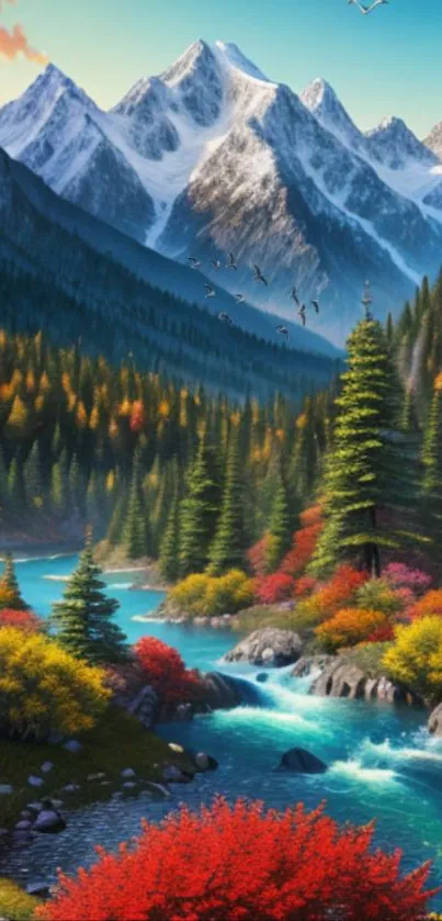 Majestic mountains and vibrant autumn forest wallpaper.