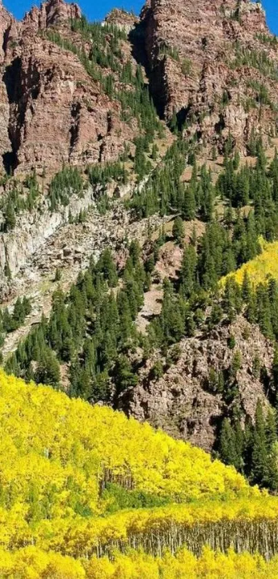 Vibrant mountain landscape with yellow trees and blue sky.