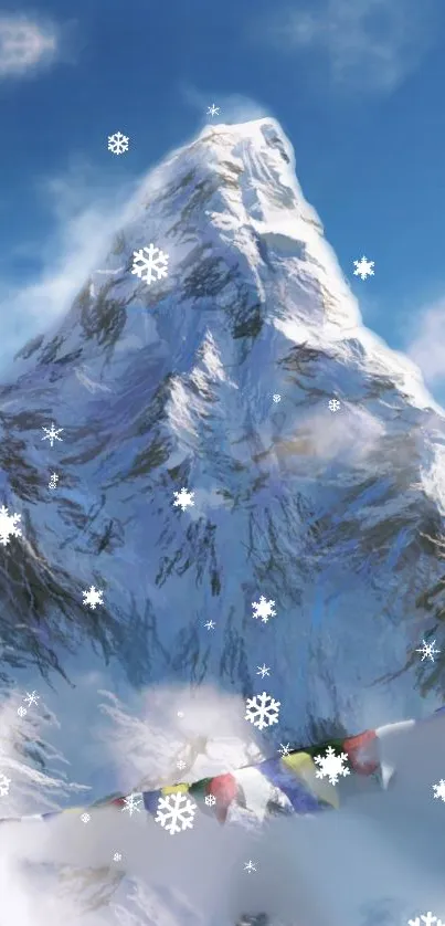 Snow-covered mountains with prayer flags under a bright blue sky.