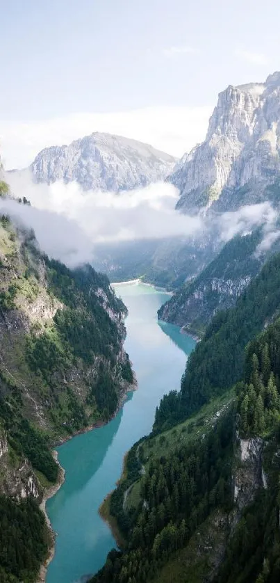 A majestic mountain river landscape with lush green forests and towering peaks.