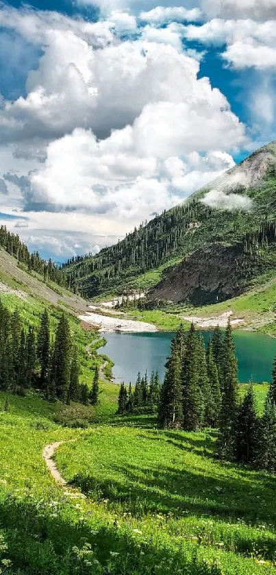 Scenic mountain view with green hills and a blue lake under a cloudy sky.