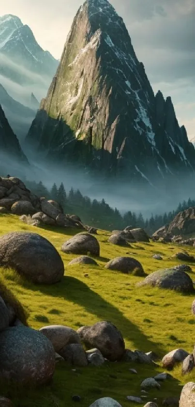 Majestic mountain landscape with lush fields and rocky peaks.