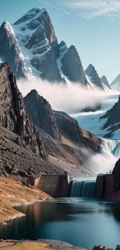 Snow-capped mountains and waterfall with serene landscape.