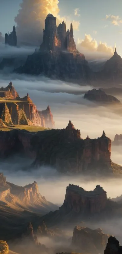Majestic mountain landscape with misty clouds and towering cliffs.