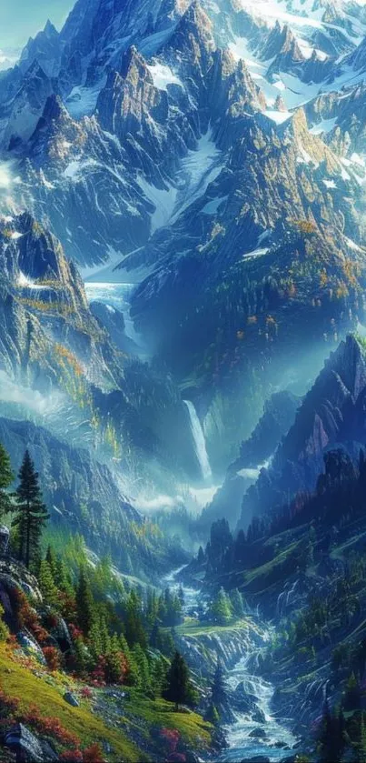 Breathtaking mountain landscape with towering peaks and lush valleys.